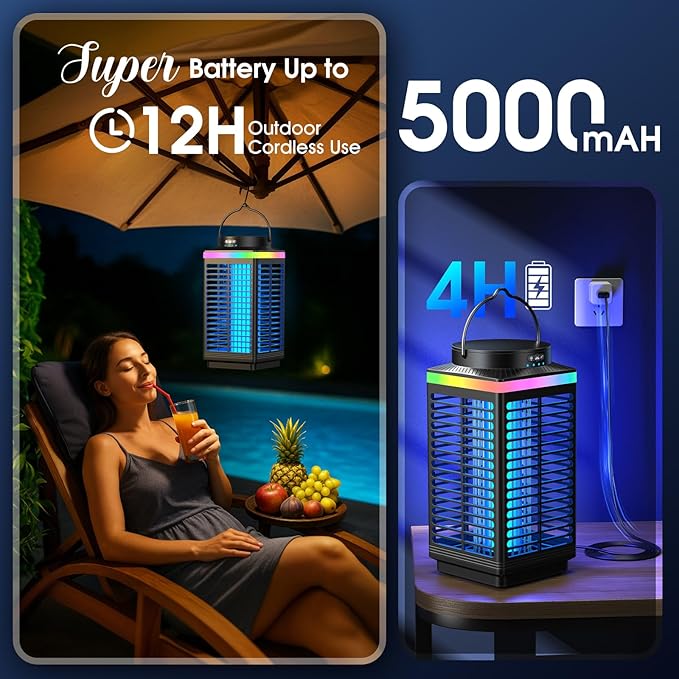 Bug Zapper Outdoor, 4-in-1 4200V Electric Mosquito Zapper, Cordless Rechargeable Bug Zapper Fly Zapper with 5000mAH Battery, Portable & Wireless Insect Zapper Waterproof IP68 for Patio Camping Home