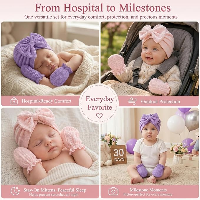 8 Sets Newborn Baby Girl Hats & Mittens, Cotton Preemie Hospital Bow Cap, No Scratch Gloves,Infant Beanies 0-3 Months