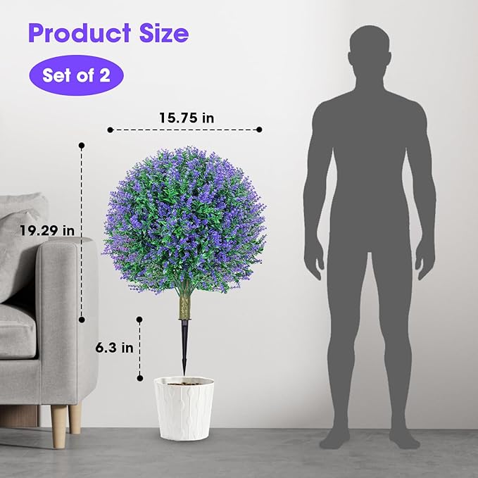 25.6" Artificial Lavender Topiary Ball Plants, 2 Pack Faux Bushes with Spike – UV Resistant & Fade Resistant Artificial Shrubs, Spring Artificial Plants for Indoor Outdoor Front Porch Garden