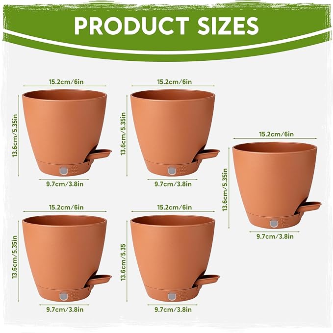 5 Pack 6 Inch Self Watering Planters for Indoor Plants, Automatic Watering Pots for Busy Plant Parents & Vacation, Decorative Modern Flower Pots with Drainage & Saucers (Terra Cotta, 6 inch)