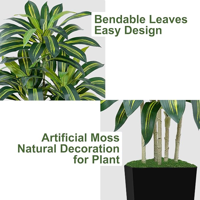 6FT Artificial Dracaena Tree - High-Density Foliage Fake Plant with Black Tall Planter - Faux Yucca Floor Plant for Home Office Decor Indoor