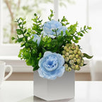 LADADA Artificial Blue Peony Flowers with Eucalyptus and Green Berries in White Square Vase - Fake Floral Arrangement for Home Decor, Table Centerpiece, Bathroom, Office, Wedding, Farmhouse Decor