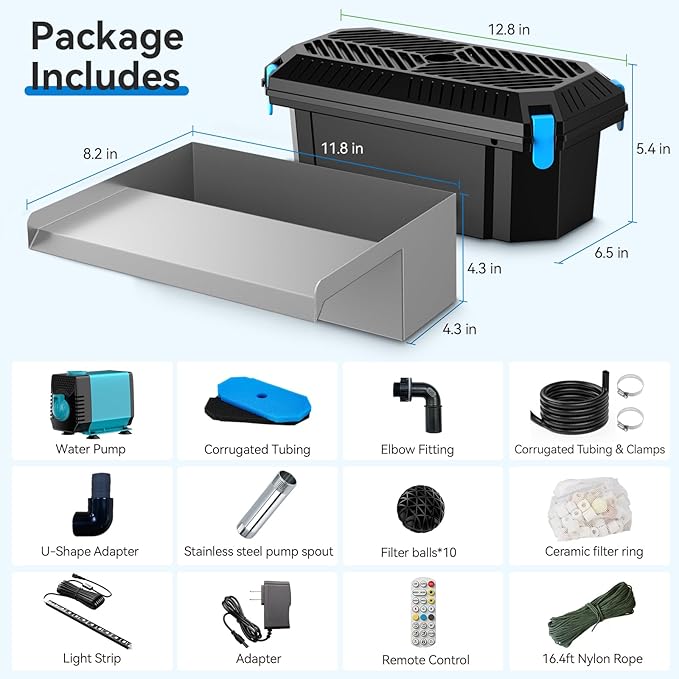 POPOSOAP 12INCH Pond Waterfall Spillway with Multi-Stage Pond Filter & RGB LED Lights APP/Remote Control, 40W 660GPH Pump with 9.8FT Tubing for Garden Ponds, Aquariums, Outdoor Landscapes-P7331D