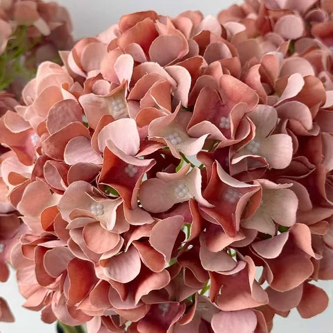 ZYTUYO 5 Pcs Orange Coffee Silk Hydrangeas Artificial Flower Boho Dried Touch 20'' Faux Hydrangeas for Indoor Home Decor Kitchen Living Room Outdoor Porch Wedding Flower Arrangement