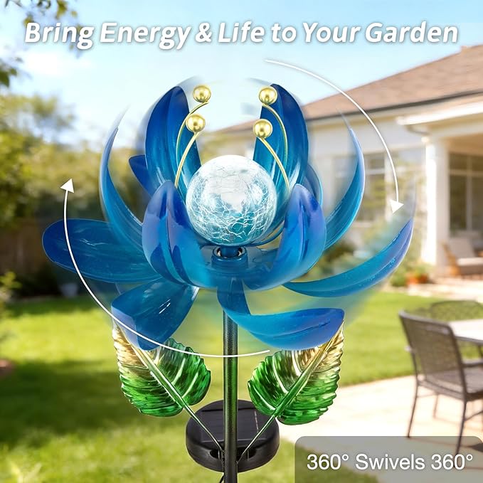 AIINY Solar Garden Lights Metal Flower Decor, Colorful Lotus Pathway Spinning Windmill with LED Cracked Crystal Ball Outdoor Decorative Stake Lighting Waterproof Flower Sculpture for Patio Yard
