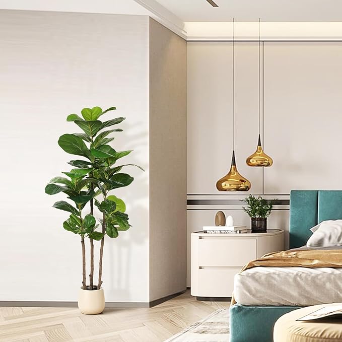Realead Fiddle Leaf Fig Tree Artificial - 5ft Faux Fiddle Leaf Fig Tree with White Planter - Large Fig Tree Artificial with Natural Wood Trunk and Lifelike Leaves for Home Living Room Indoor Decor