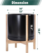 D'vine Dev Ceramic Planter with Natural Stand - 14 Inch Modern Round Flower Pot with Wood Planter Holder, Black, 55-B-R-2