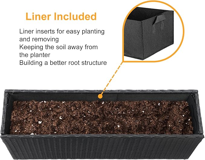 SUNNYPARK Black Rectangular Planter Box All-Weather PE Rattan Large Modern Planters with Removable Liner Indoor Outdoor Decorative Flower Pot for Patio, Balcony, Garden