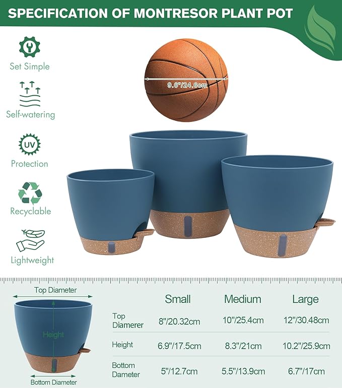montresor 2 Pack 8 inch Plant Pots, PP Plastic Self Watering Plant Pot with Drainage and Tray for Indoor Outdoor Plants, Water Level Window & Reservoir Flower Pots Decorative Planter (Blue)