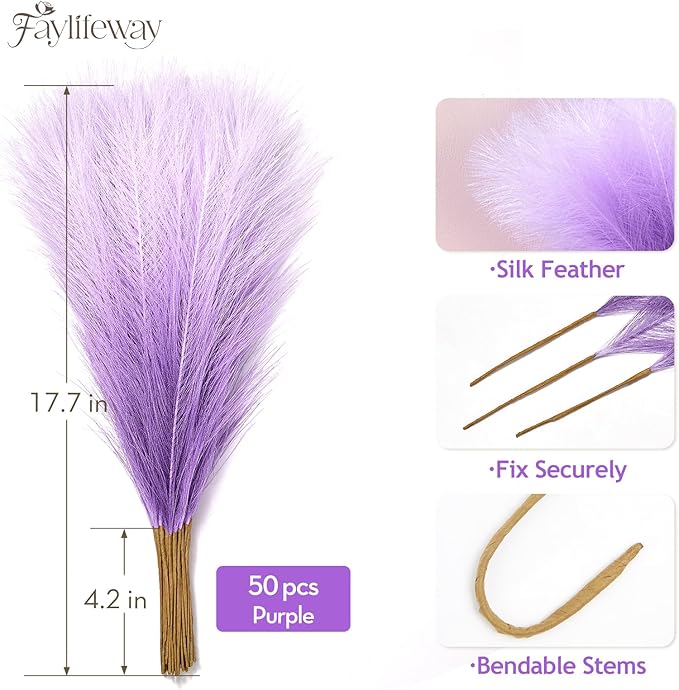 50 PCS Purple Pampas Grass, 17in Pampas Grass Decor, Artificial Pompas Wall Decor for Vase Room Bedroom Kitchen Table Wedding Party Birthday Baby Showers（Purple）