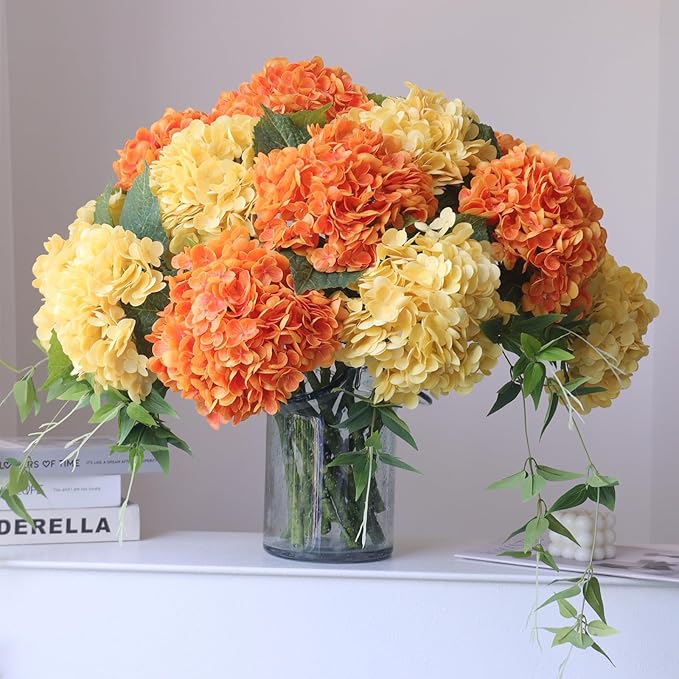 Buart 4PCS Long Stem Big Size Orange Flowers Artificial Silk Hydrangea Lifelike Flowers Real Touch Artificial Flowers Wedding Shower Bride Bouquets Office Living Room Table Decorations (21 Inch)