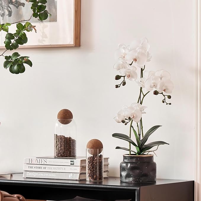 Avoeco Artificial Real Touch Orchid Plant – 20″ Faux Phalaenopsis in Pot – Highly Realistic Silk Orchid Flower & Leaf Texture for Home, Office,Shop & Wedding Décor (1 White, 20”)