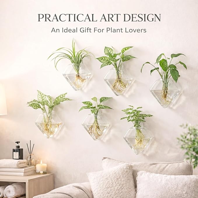 Yungyan 6 Pack Glass Wall Vase Plant Propagation Wall Hanging with Nail Hooks Diamond Propagation Station Flower Vase Glass Terrariums Plant Hanger for Home Office Bathroom Living Room Decor