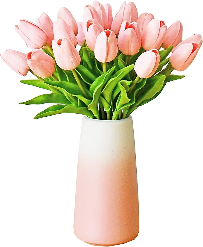 Mandy's Light Pink Artificial Tulips Flowers Centerpiece, 13.5" Lifelike PU Fake Floral Stems 28pcs with Vase for Kitchen Island & Dining Table, Spring Decor for Easter