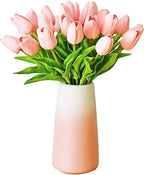 Mandy's Light Pink Artificial Tulips Flowers Centerpiece, 13.5" Lifelike PU Fake Floral Stems 28pcs with Vase for Kitchen Island & Dining Table, Spring Decor for Easter