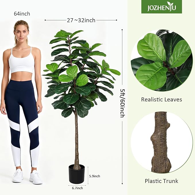 5FT Fiddle Leaf Fig Tree Artificial Plants Indoor - Realistic Fake Plant Ficus Lyrata Trees, Faux Trees Indoor Floor Plant with Sturdy Pot for Home Decor Living Room Office Housewarming Gift