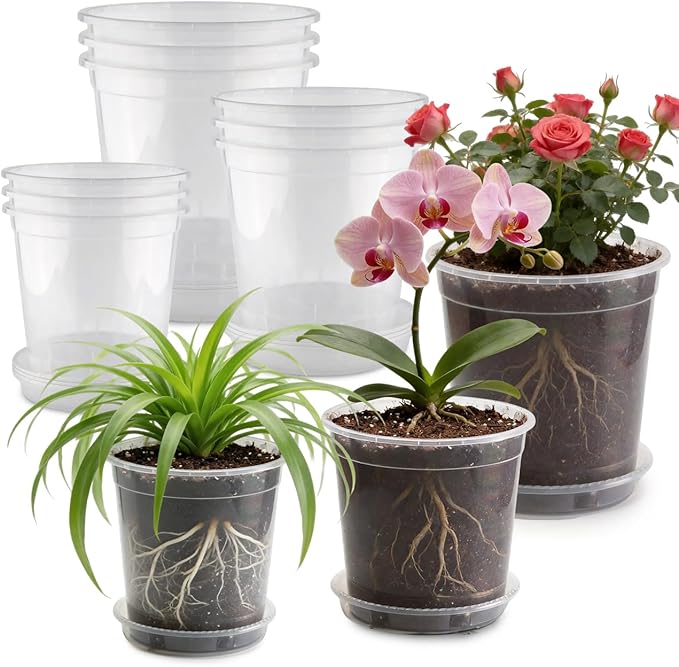 BTPLASTIK 1/2/3/5 Gallon Clear Nursery Pots with Saucers 4 Size Set 12P, Round Plastic Plant Pots with Drainage Holes