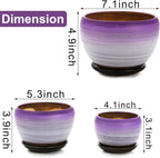 SOUJOY Set of 3 Ceramic Flower Pots, Gardening Plant Pot with Drainage Holes and Saucer, 7/5/4 inch Purple Round Succulent Herbs Cactus Planter for Indoor Outdoor