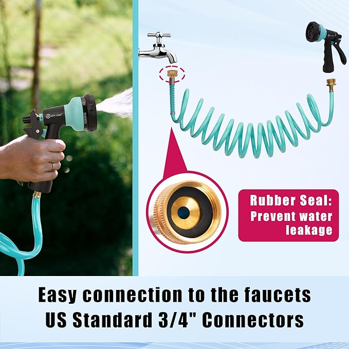 AUTOMAN Recoil Garden Water Hose 15 ft, EVA Curly Water Hose with Brass Connectors,Garden Hose Coil,Includes 7-Pattern Function Sprayer,Retractable,Corrosion Resistant Garden Coil Hose.