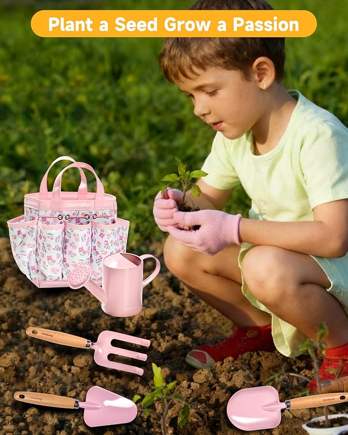 Kids Gardening Tool Set Toys - 8 Pieces Quality Garden Kit for Toddlers & Kids with Shovels, Rake, Watering Can, Hat, Apron, Gloves & Storage Bag (Pink Flower)