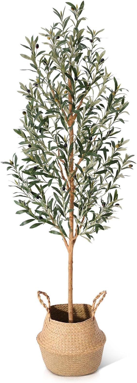 Faux Olive Tree 6FT – Tall Artificial Plants Indoor with Real Wood Trunk & Seagrass Basket, Lifelike Silk Leaves & Fruits – Potted Large Fake Trees for Home, Living Room, Bedroom & Office Decor