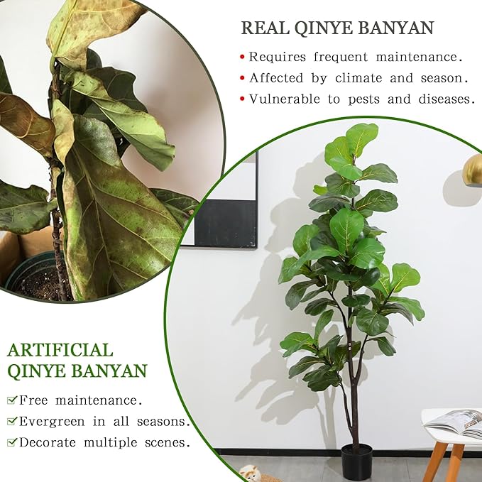 Artificial Fiddle Leaf Fig Tree 6ft, Large Faux Plant Fake Ficus lyrata Silk Trees with Pot for Indoor Outdoor House Living Room Office Home Decor