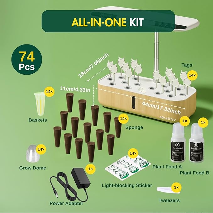Hydroponics Growing System Kit, Indoor Herb Garden, 14 Pods Upgraded LCD Display, LED Grow Light Quiet Smart Water Pump Automatic Timer, Hydroponic Planter for Home Kitchen Office (White)