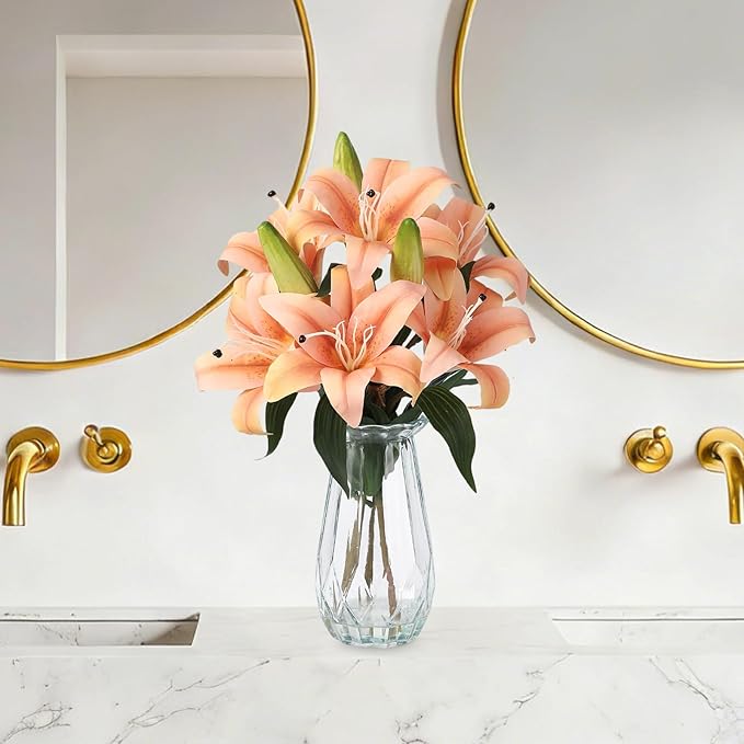 GarveeLife Artificial Tiger Lily Flowers with Vase, Real Touch Easter Lily Faux Flowers for Home Table Centerpieces Wedding Baby Shower Birthday Party Decoration, UV Resistant, 3 Stems with 6 Flowers