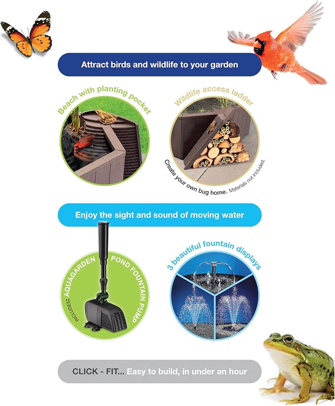 Aquagarden No Dig Nature Pool, Complete Water Feature Kit, Attract Birds and Wildlife to Your Yard, Includes Pond Structure, Liner, Fountain Pump, Nature Ladder, Planting Pocket