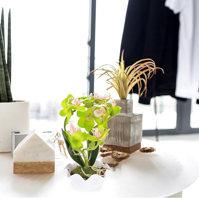 INOOMP Artificial Phalaenopsis Orchid Bonsai with Pot, Faux Orchid Flower Green Desktop Decoration for Home Interior, Realistic Fake Flower Plant for Living Room and Office
