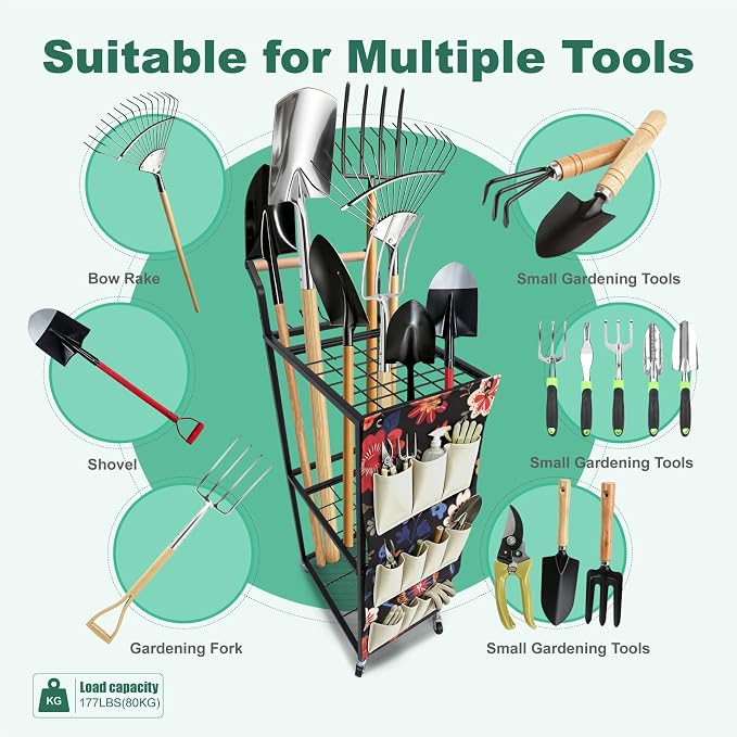 Garden Tool Organizer with Wheels Heavy Duty Yard Tool Organizer Rack with Side Storage Pockets Sturdy Metal Steel Holder with 6 Hooks for Garage, Yard, Patio, Shed