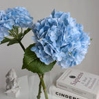 Buart 3PCS Long Stem Big Size Flowers Artificial Silk Hydrangea Lifelike Flowers Real Touch Blue Artificial Flowers Wedding Shower Bride Bouquets Office Living Room Table Decorations (21 Inch)