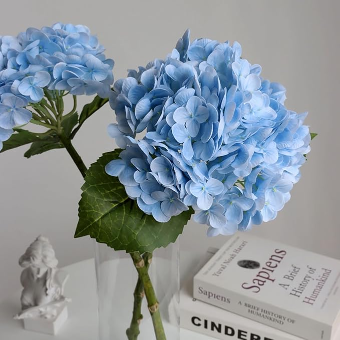Buart 3PCS Long Stem Big Size Flowers Artificial Silk Hydrangea Lifelike Flowers Real Touch Blue Artificial Flowers Wedding Shower Bride Bouquets Office Living Room Table Decorations (21 Inch)