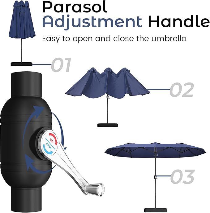 DomeShade 15ft Patio Umbrella with Base,Large Outdoor Double-Sided Rectangle Umbrella with Crank Handle, Market Umbrella for Poolside Garden Deck Backyard Beach Pools, Navy Blue