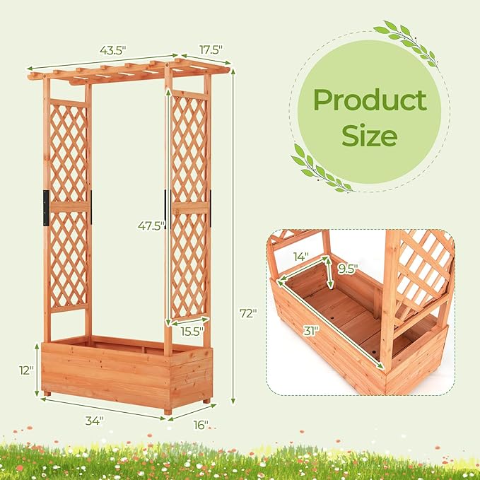 MAT EXPERT Raised Garden Bed with Trellis & Hanging Roof, Lattice Panel with Drainage Hole for Flower, Climbing Plant, Herb, Planter Box for Garden, Patio, Yard (2, 43.5" x 17.5" x 72" (L x W x H))