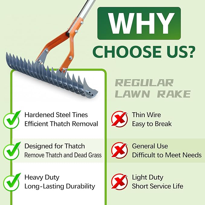 Thatch Rake – 74-Inch Heavy Duty Metal Rake with Hardened Steel Tines for Efficient Lawn Thatch and Dead Grass Removal, Detachable Handle Manual Dethatcher Rake for Yard and Landscape Maintenance