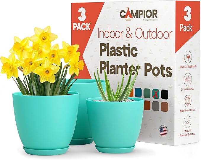 Planter Pots with Drainage Holes - Lightweight, Durable, and Space-Saving Pots for Indoor and Outdoor - Versatile Functionality, Simple Modern Design, Set of 3 Plastic Planter Pots - Aqua