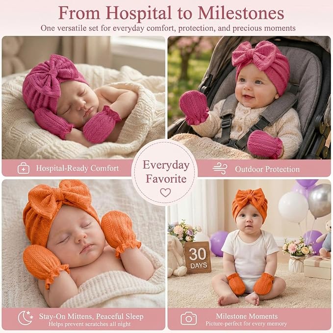 8 Sets Newborn Baby Girl Hats & Mittens, Cotton Preemie Hospital Bow Cap, No Scratch Gloves,Infant Beanies 0-3 Months