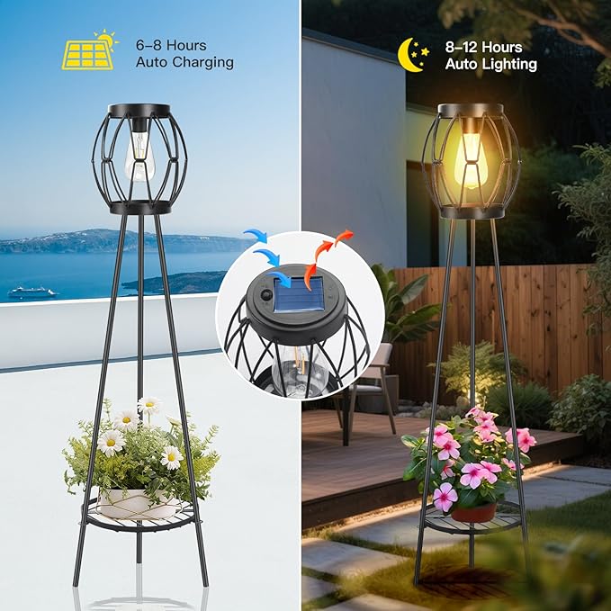 2 Pack Solar Lights Outdoor with Plant Stands, Solar Floor Lamp, Patio Decor for Garden Yard Pathway Driveway Porch