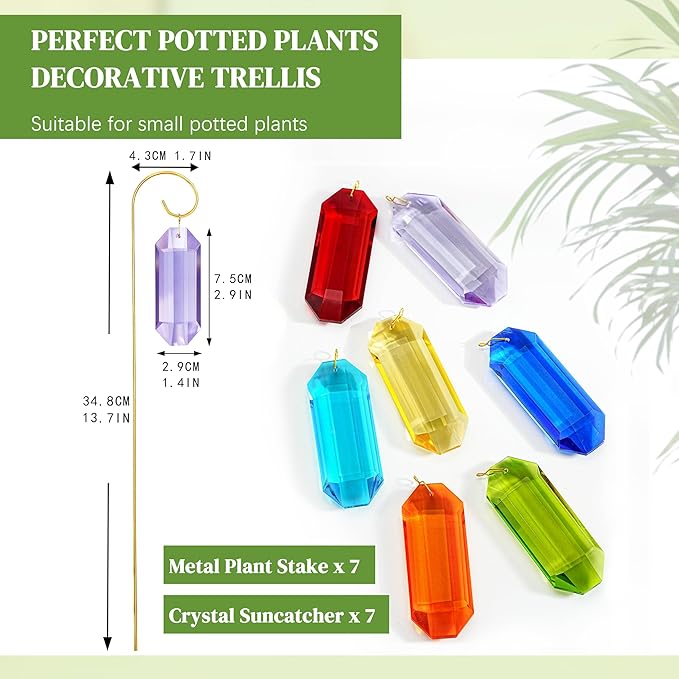 Kanpura 7 Pack Small Garden Trellis with Crystal Sun Catchers for Potted Plants 13.7 Inch Fairy Garden Plant Accessories for Mini Potted Indoor Outdoor Decorations (Colorful)