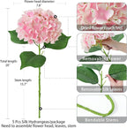 ZYTUYO 5 Pcs Pink/White Silk Hydrangeas Aritificial Flower Boho 20'' Faux Hydrangeas for Spring Indoor Home Decor Kitchen Living Room Baby Shower Outdoor Wedding Table Centerpiece
