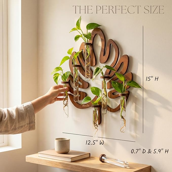 Leaf Shaped Hanging Wall Planter Terrarium for Plants with 6 Strengthened Glass Vases & 1 Spare, Wooden Plant Propagation Station for Indoor Cuttings, Hanging Propagation Stations Decor (15”)