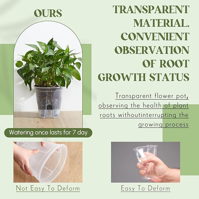 Wonderjune Self Watering Pots for Indoor Plants with Deep Reservoir and High Drainage Holes for Outdoor Plants and Flowers, Bare Root Planter(8.27'',Clear,6 Pcs)