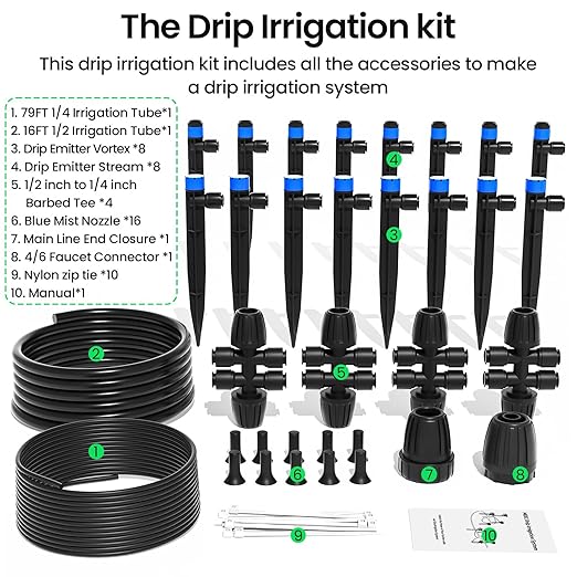 MIXC Drip Irrigation System,Quick Connector Garden Watering System Automatic Sprinkler System Kit for Lawn Raised Bed Greenhouse Plant Watering System (16FT Main Tube+ 79FT 1/4'' Tube)