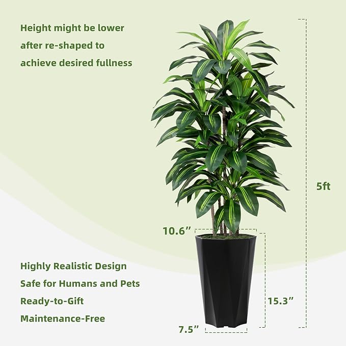 Artificial Dracaena Tree 5FT - Faux Plant with Black Diamond Planter - Tall Fake Tropical Yucca Floor Plant Potted - Artificial Silk Tree for Home Office Living Room Decor Indoor