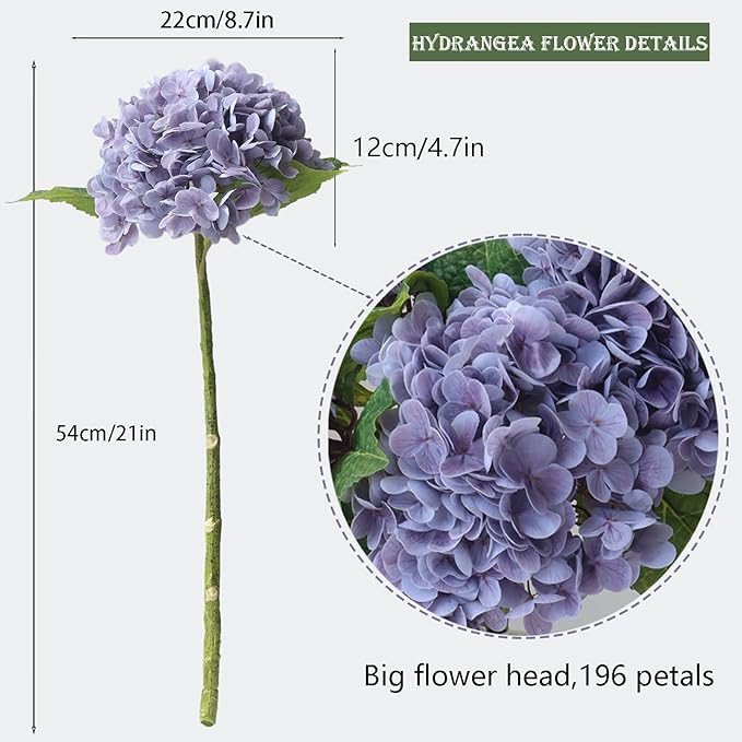 Buart 3PCS Long Stem Big Size Flowers Artificial Silk Hydrangea Lifelike Flowers Real Touch Purple Artificial Flowers Wedding Shower Bride Bouquets Office Living Room Table Decorations (21 Inch)