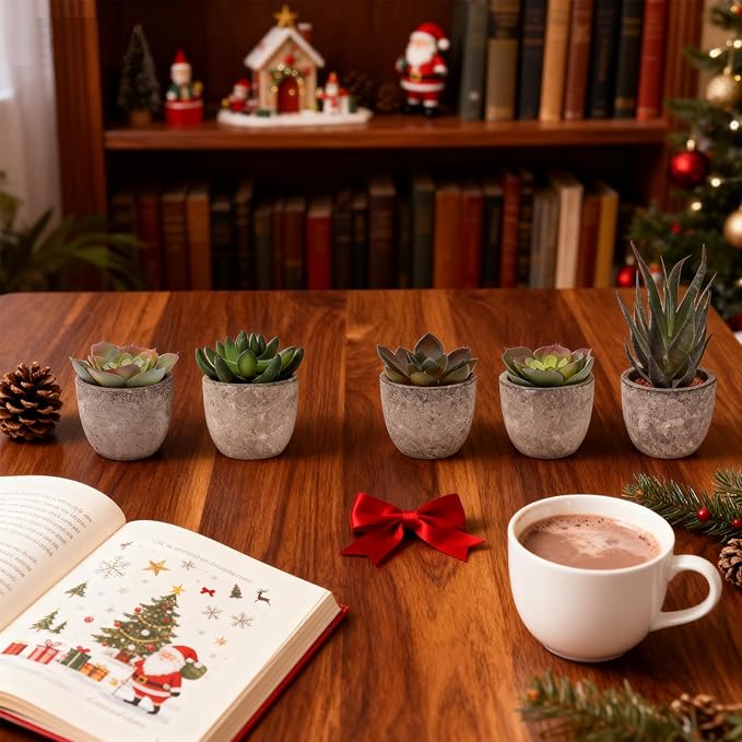 Set of 5 Artificial Succulent Plants in Pots - Lifelike Fake Succulents for Desk Decor, Low--Maintenance Home & Office Decor Gift
