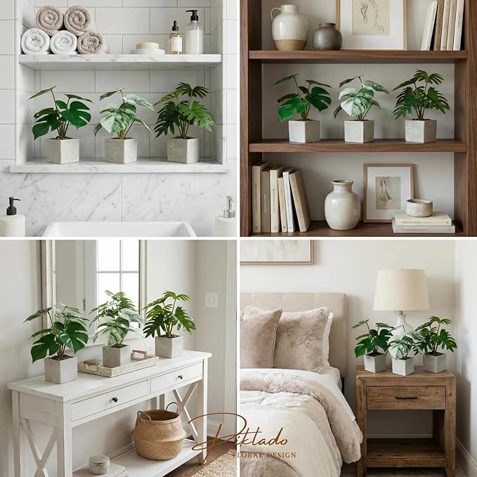 3pcs Small Fake Plants Artificial Begonia Leaves Faux Plants Indoor for Office Desk Shelf Bathroom Home Decor (3Pcs White Green)