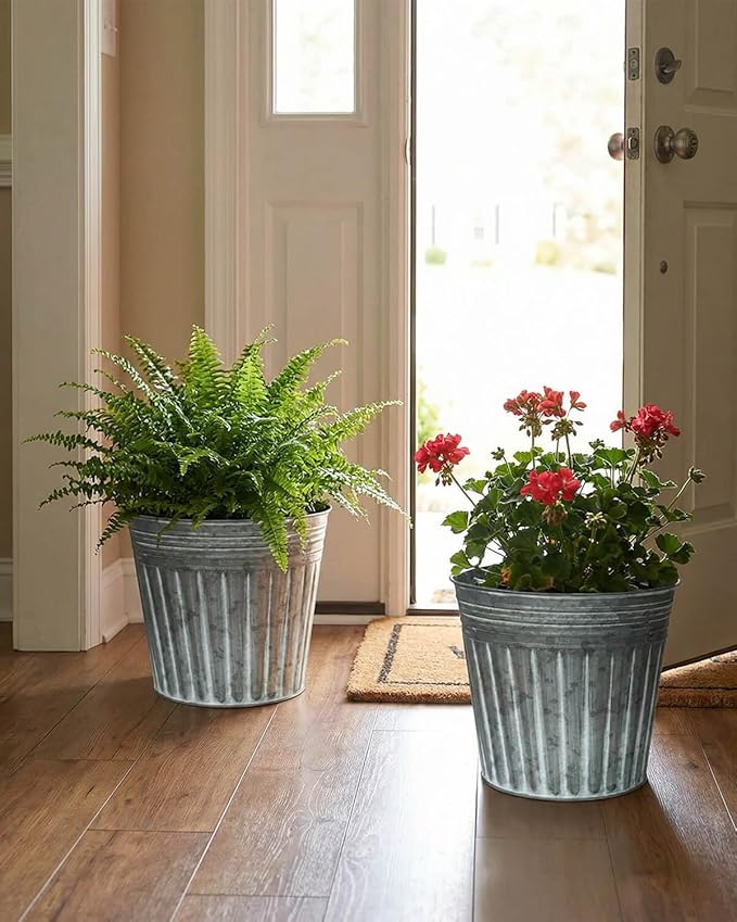 vensovo 9 Inches Silver Metal Rustic Plant Pots - 4 Pcs Large Galvanized Planters with Drain Hole and Rubber Plug, Rustproof Tin Bucket Flowerpot for Indoor Plants Farmhouse Vintage Style for Decor