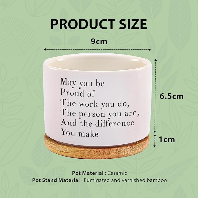 May You Be Proud of The Work You Do Inspirational Gift Ceramic Succulent Plant Pot with Tray Coworker Leaving Motivational Gifts Home Decor Plant Lover 3.5 Inch White (No Plants) (with Bamboo Tray)